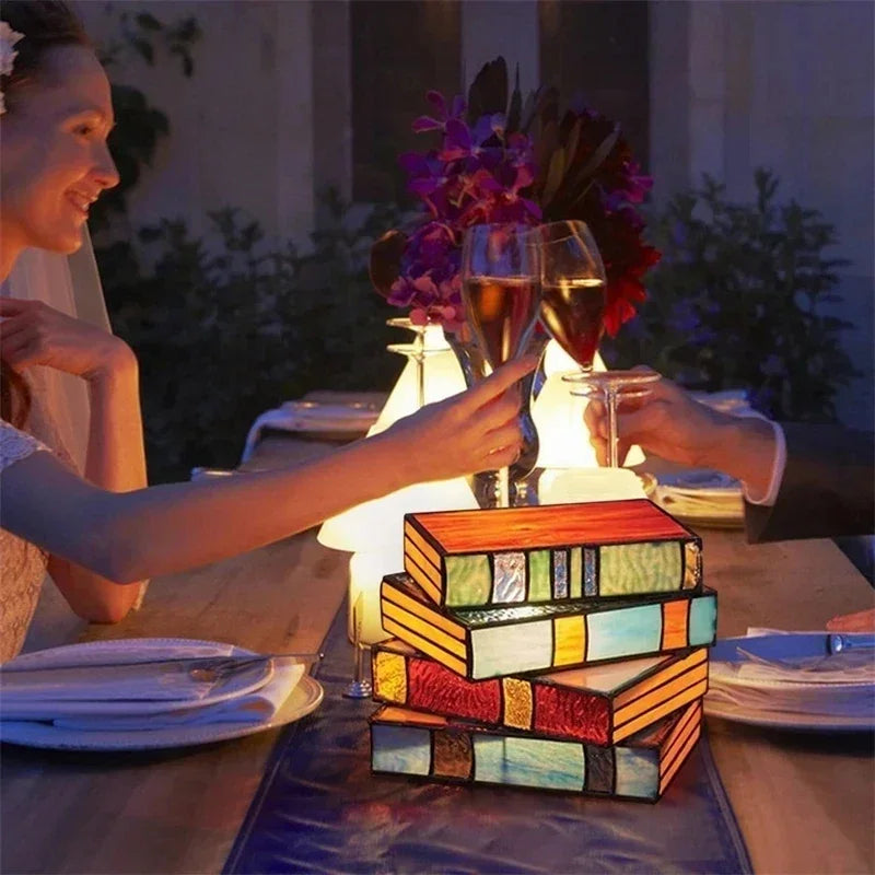 Stained Glass Stacked Books Night Light Lamp
