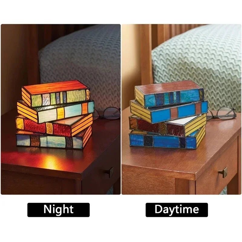 Stained Glass Stacked Books Night Light Lamp