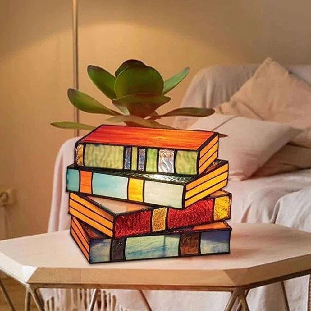 Stained Glass Stacked Books Night Light Lamp