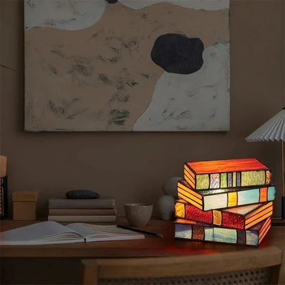Stained Glass Stacked Books Night Light Lamp